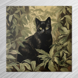 Black Cat in Lush Forest Tile