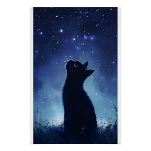 Black Cat in Magical Starlit Meadow Poster