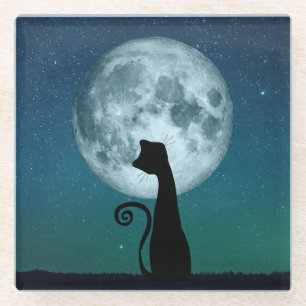 Black Cat in Moonlight Glass Coaster