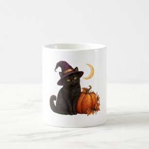 Black Cat in Plum Witch Hat with Pumpkin and Moon Coffee Mug