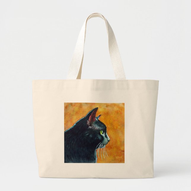 Black Cat in Profile, Tickles Large Tote Bag (Front)