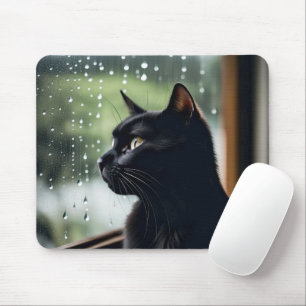 Black Cat In Rainy Window Mouse Pad