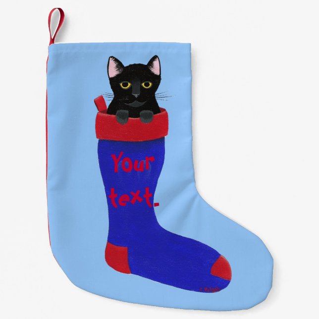 Black Cat in Red and Blue Christmas Stocking (Front)