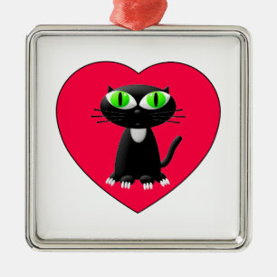 Black Cat In Red Heart Metal Tree Decoration