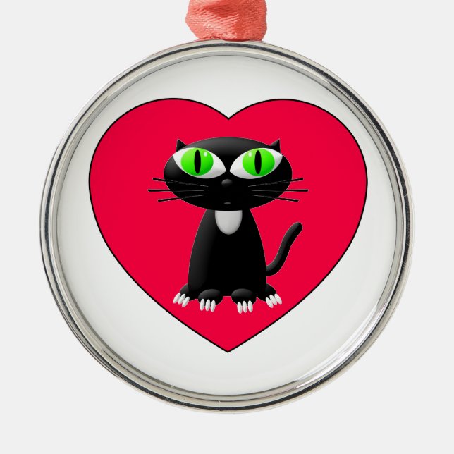 Black Cat In Red Heart Metal Tree Decoration (Front)
