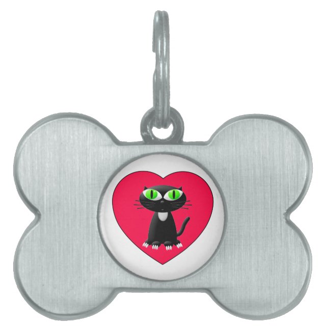 Black Cat In Red Heart Pet Tag (Front)