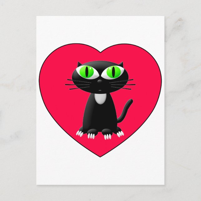 Black Cat In Red Heart Postcard (Front)