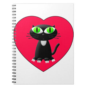 Black Cat In Red Heart Spiral Notebook
