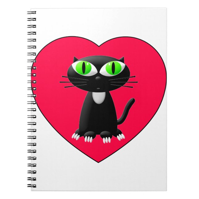 Black Cat In Red Heart Spiral Notebook (Front)