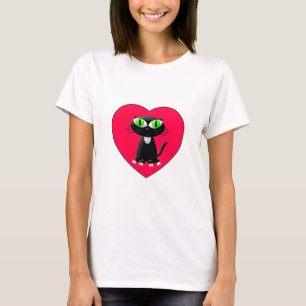 Black Cat In Red Heart T-Shirt