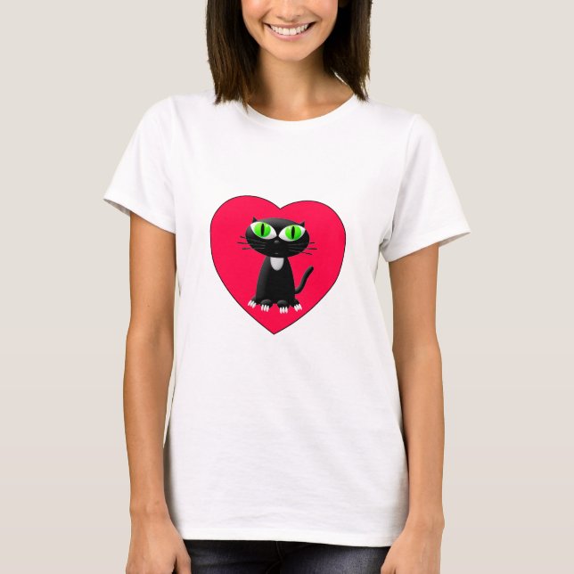 Black Cat In Red Heart T-Shirt (Front)