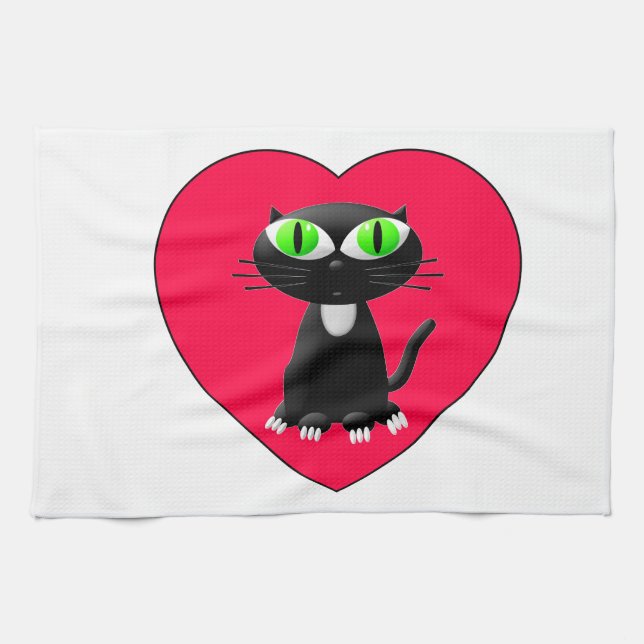 Black Cat In Red Heart Tea Towel (Horizontal)