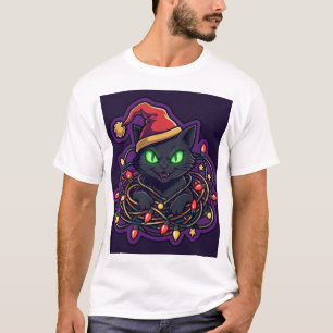 Black Cat in Santa Hat Tangled in Lights T-Shirt