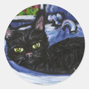Black cat in sink classic round sticker