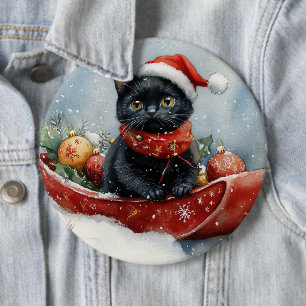 Black Cat in Sledge Let it Snow Christmas 6 Cm Round Badge