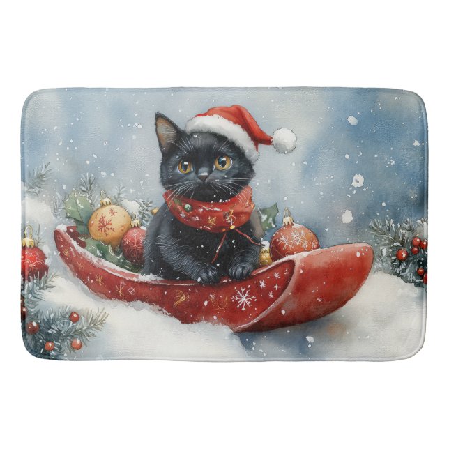 Black Cat in Sledge Let it Snow Christmas Bath Mat (Front)
