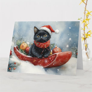 Black Cat in Sledge Let it Snow Christmas Card
