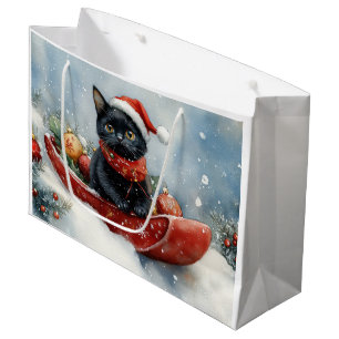 Black Cat in Sledge Let it Snow Christmas Large Gift Bag
