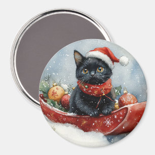 Black Cat in Sledge Let it Snow Christmas Magnet