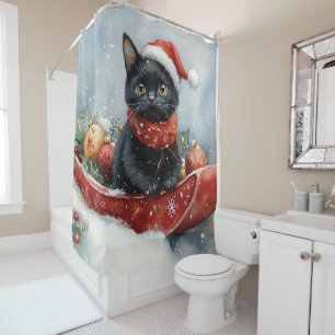 Black Cat in Sledge Let it Snow Christmas Shower Curtain