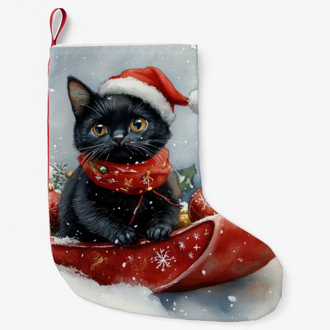 Black Cat in Sledge Let it Snow Christmas Small Christmas Stocking (Front)