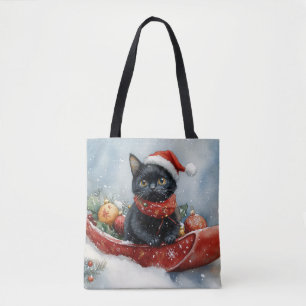 Black Cat in Sledge Let it Snow Christmas Tote Bag