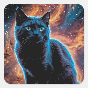 Black cat in space square sticker