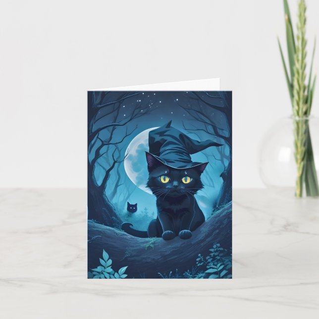 Black Cat in Spooky Hat Blank Inside Card (Front)