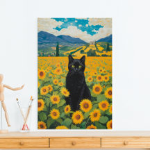 Black Cat in Sunflower Field Canvas Print
