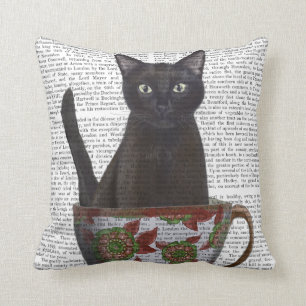 Black Cat in Teacup Cushion