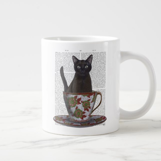 Black Cat in Teacup Large Coffee Mug (Right)