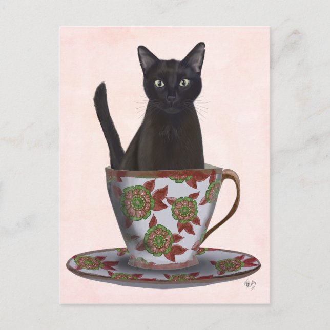 Black Cat in Teacup Postcard (Front)