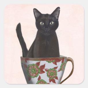 Black Cat in Teacup Square Sticker