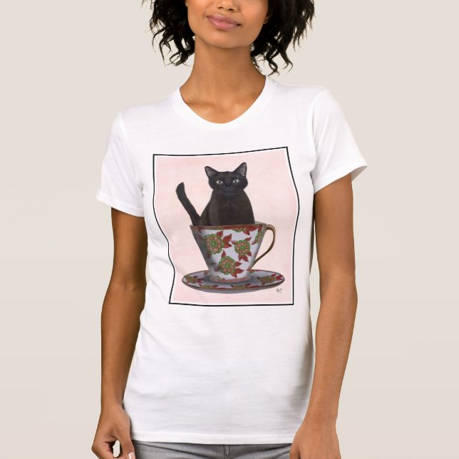Black Cat in Teacup T-Shirt (Front)