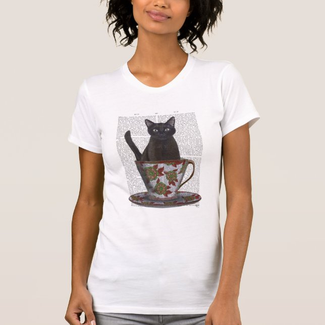 Black Cat in Teacup T-Shirt (Front)