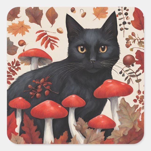 Black Cat in the Autumn Forest Square Sticker (Front)