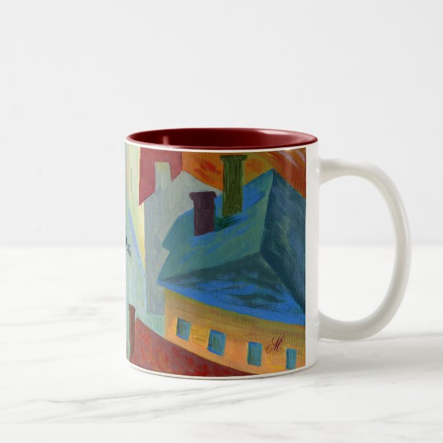 black cat in the city Two-Tone coffee mug (Right)