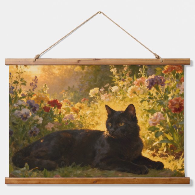 Black Cat in the Flowers I Hanging Tapestry (Front)