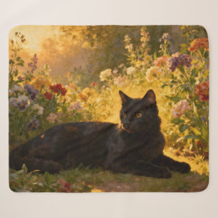 Black Cat in the Flowers I Sherpa Blanket