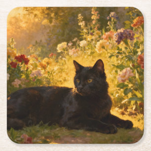 Black Cat in the Flowers I Square Paper Coaster