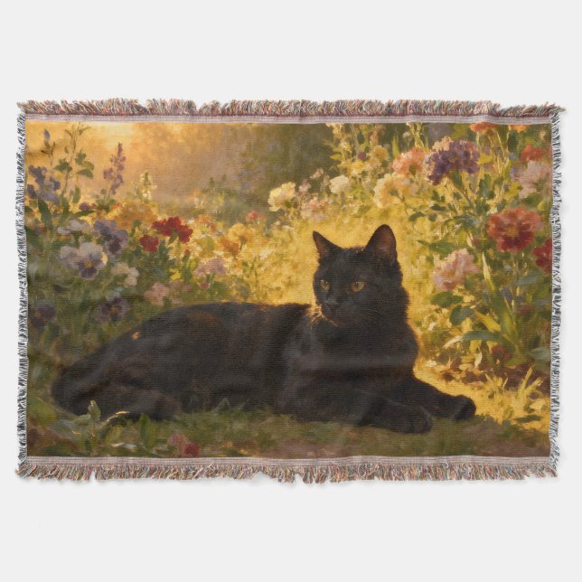 Black Cat in the Flowers I Throw Blanket (Front)