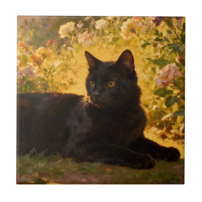 Black Cat in the Flowers I Tile (Front)