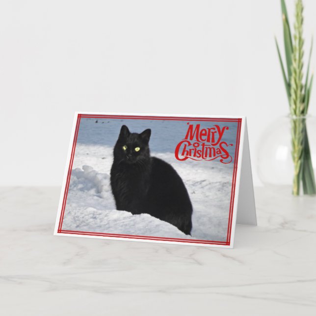 Black Cat in the Snow Christmas Card (Front)