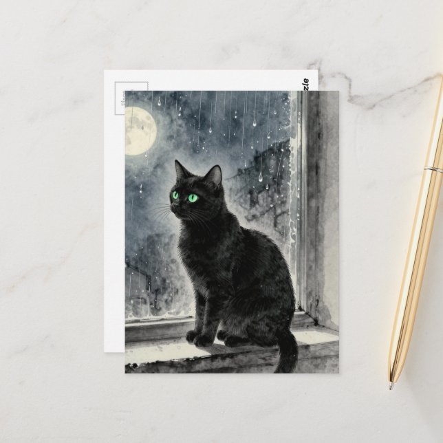 Black Cat in the Window on a Rainy Night Postcard (Front/Back In Situ)