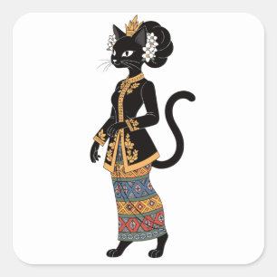 Black Cat in Traditional Batik Kebaya Art Square Sticker