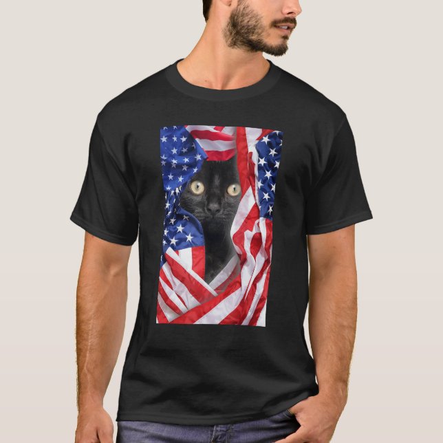 Black Cat in USA Flag 4th of July Men Women T-Shirt (Front)