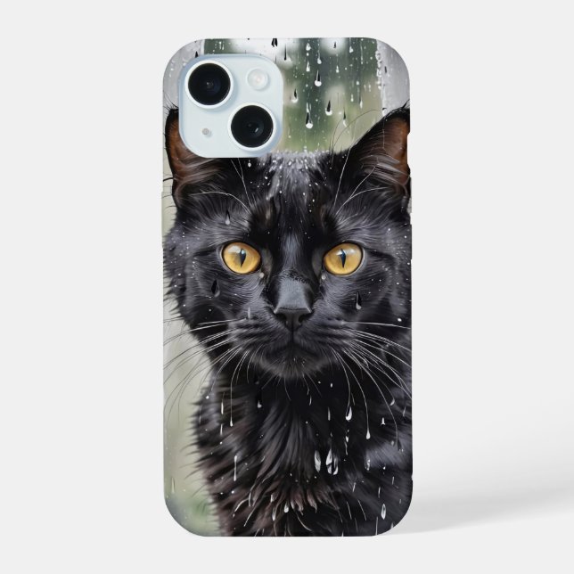 Black Cat In Wet Window iPhone 15 Case (Back)
