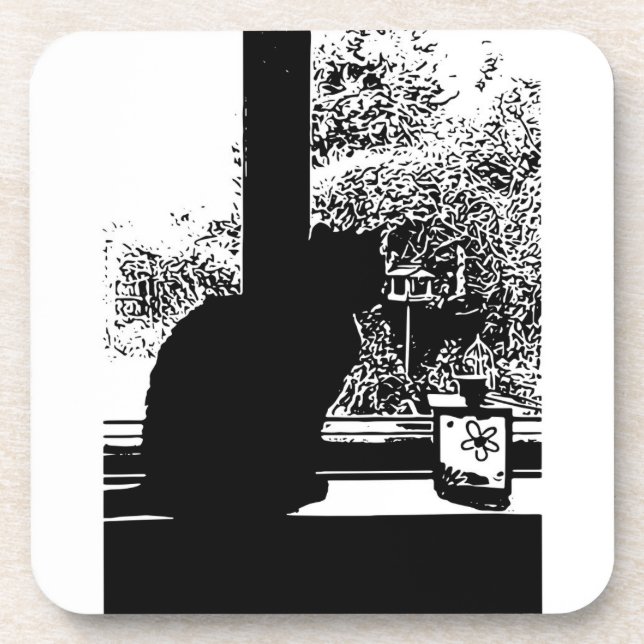 Black cat in window coaster (Front)