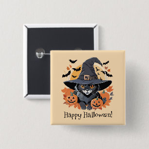 Black Cat in Witch Hat Halloween 15 Cm Square Badge