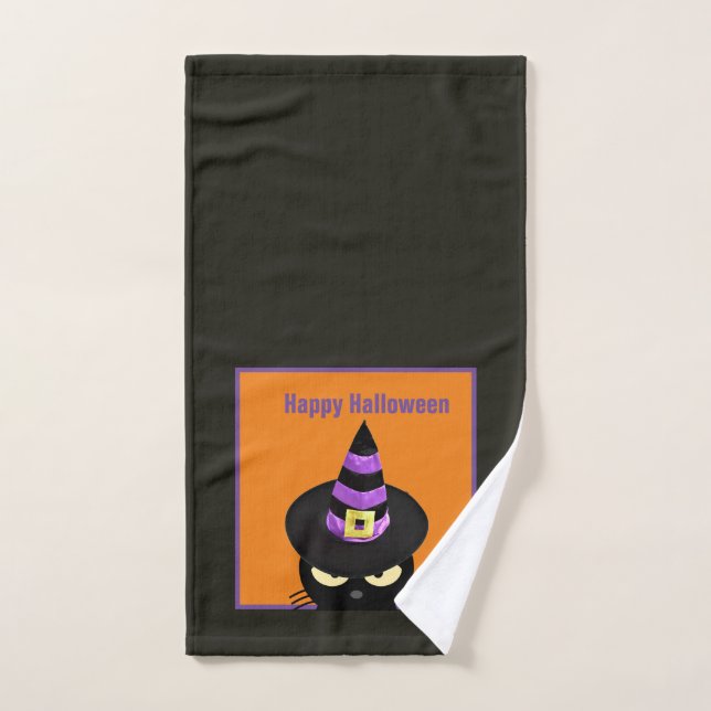 Black Cat in Witch Hat Halloween Bathroom Towel (Hand Towel)